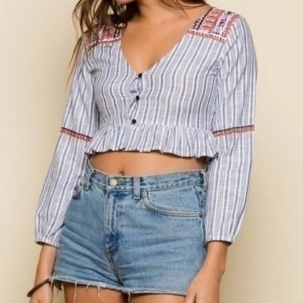 RAGA | Sailor Cotton Embroidered Crop Top - Boho - Chic - Striped - NWT